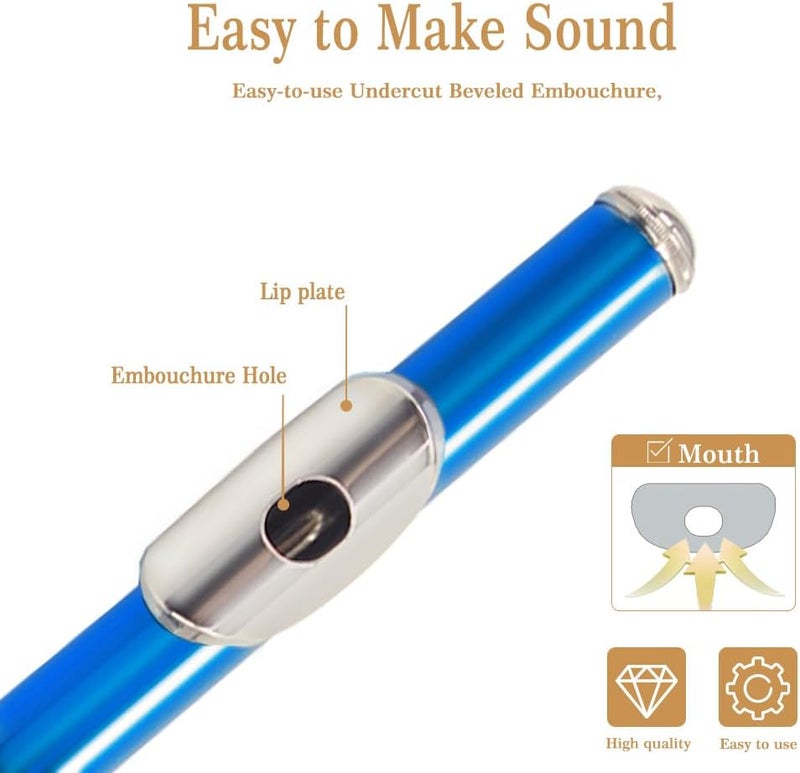 YANASON Blue C Flute Closed Hole 16 Keys Flute Nickel-Plated for Beginner, Student and Professionals with Carrying case, Metal stand, Gloves, Tuning Rod, Cleaning kit(Blue) - Image 4